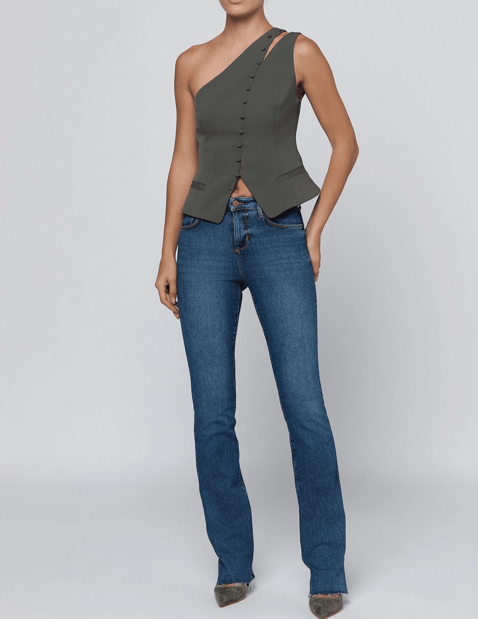 L'AGENCE Zinnia One Shoulder Vest Ash Olive full body view