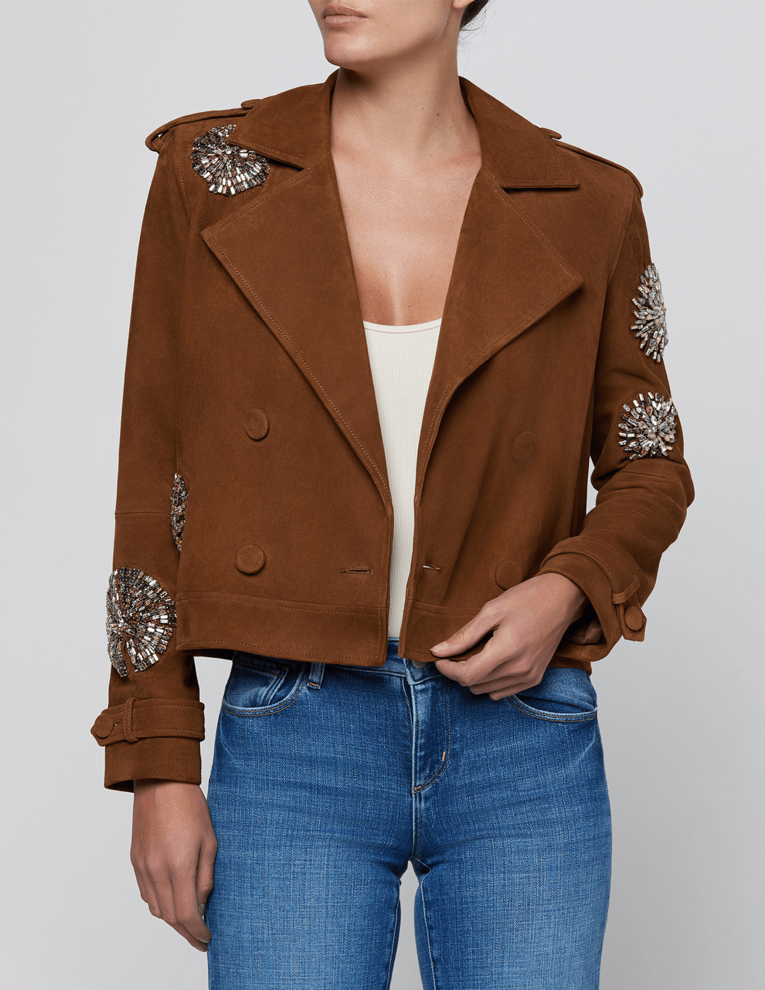 Front view of L'AGENCE Zoey Crystal Cropped Trench Coat in Walnut