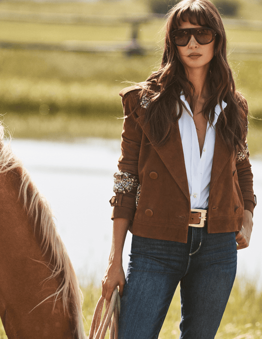 Lifestyle view of L'AGENCE Zoey Crystal Cropped Trench Coat in Walnut