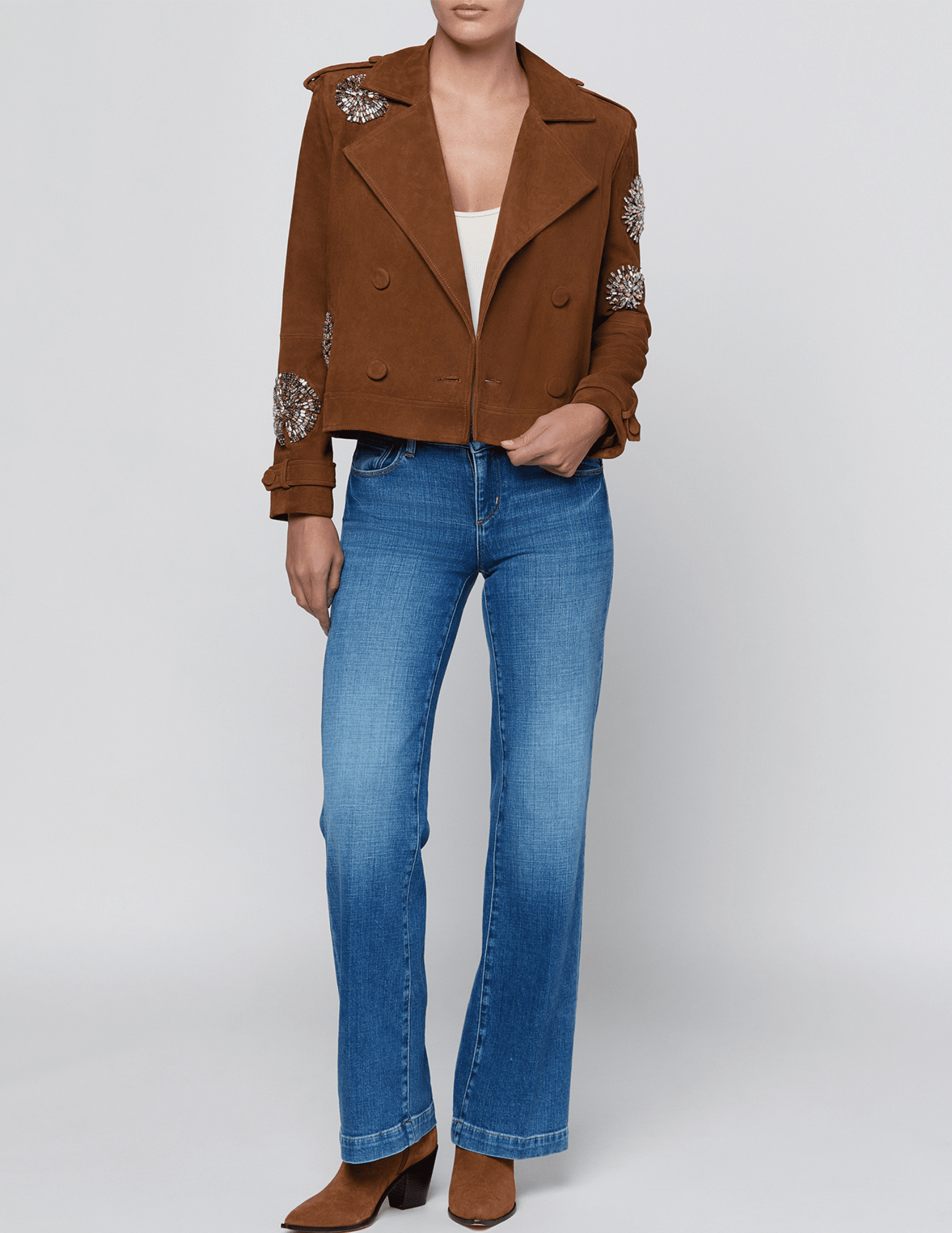 Full body view of L'AGENCE Zoey Crystal Cropped Trench Coat in Walnut