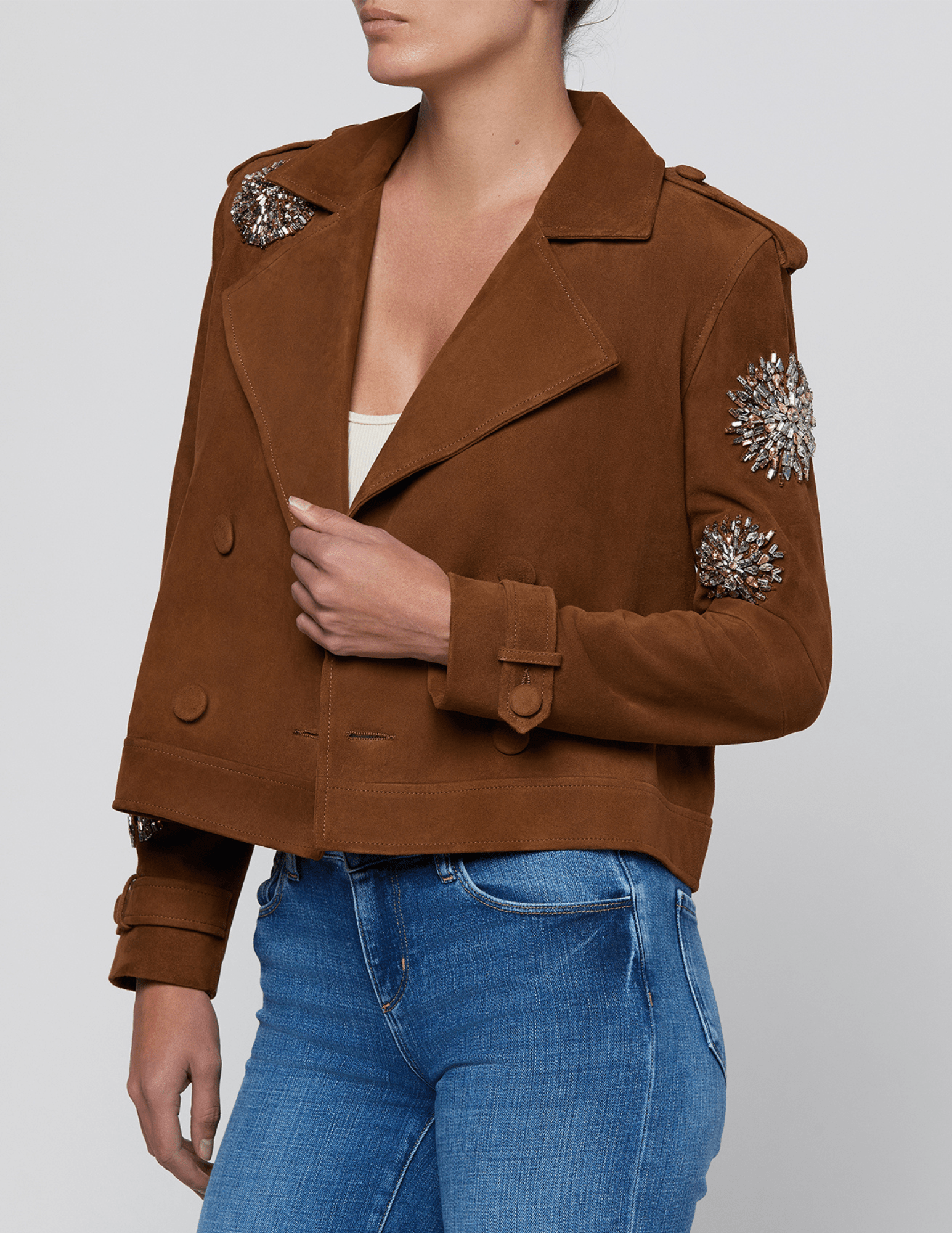 Side view of L'AGENCE Zoey Crystal Cropped Trench Coat in Walnut