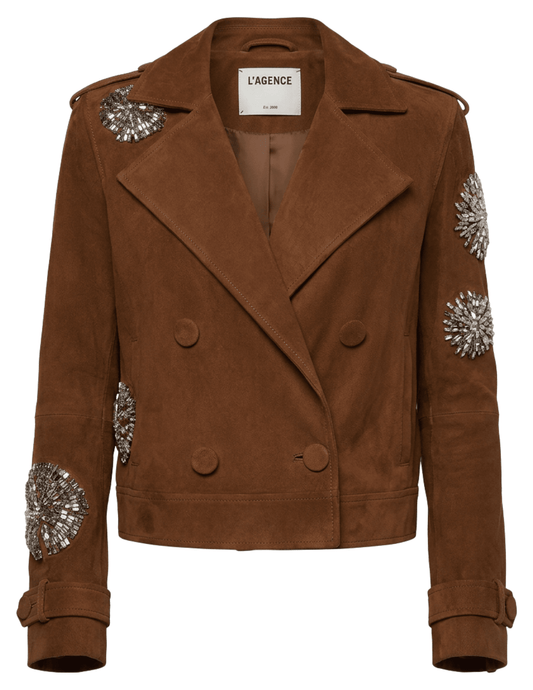 L'AGENCE Zoey Crystal Cropped Trench Coat in Walnut