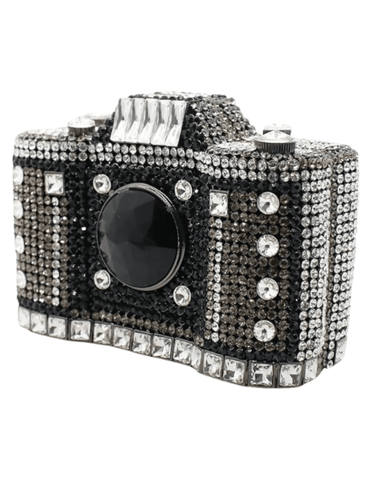 Fleur de Camélia Naomi Rhinestone Camera Clutch in black with rhinestone detailing.