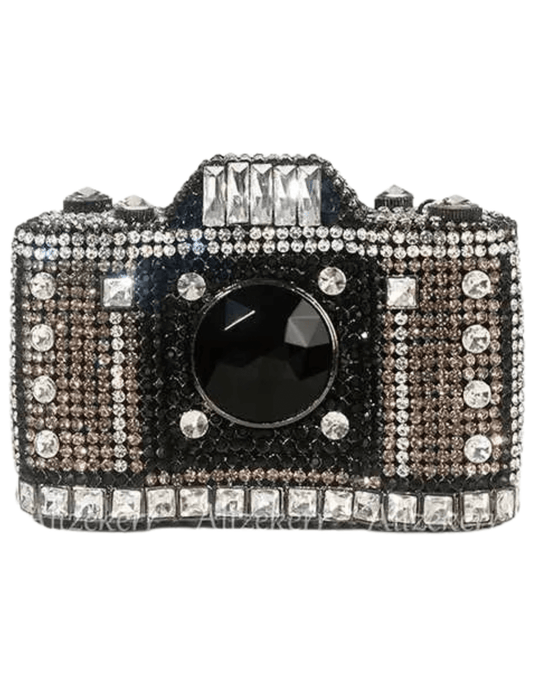 Fleur de Camélia Naomi Rhinestone Camera Clutch in black with rhinestone detailing.