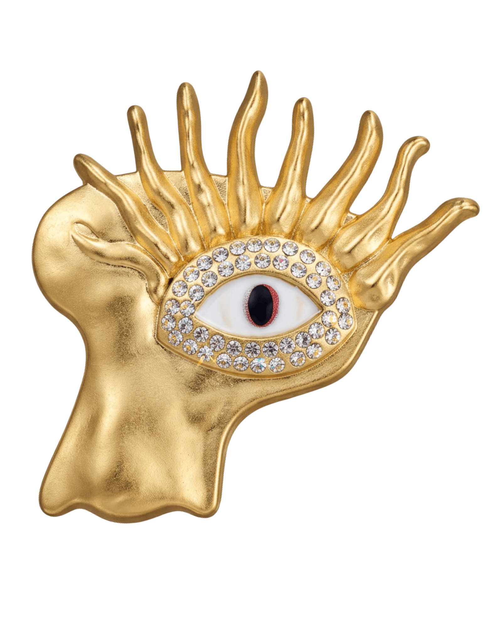 Maison Verrou Bryce Surrealist Brooch in Gold with sculptural face design, eye motif, and CZ embellishments