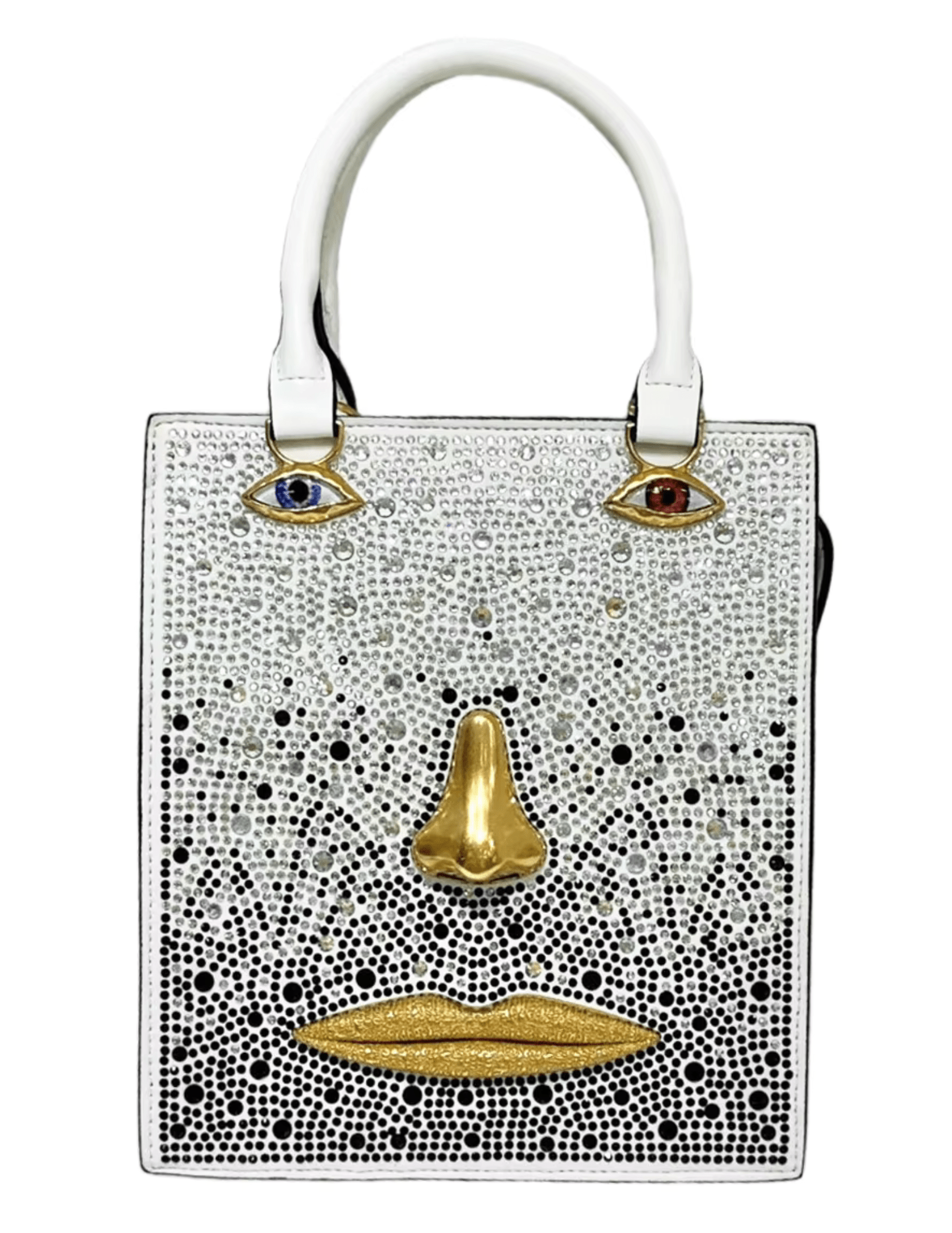 MAISON VERROU Celeste white leather handbag with rhinestones and gold-tone surrealist face details.