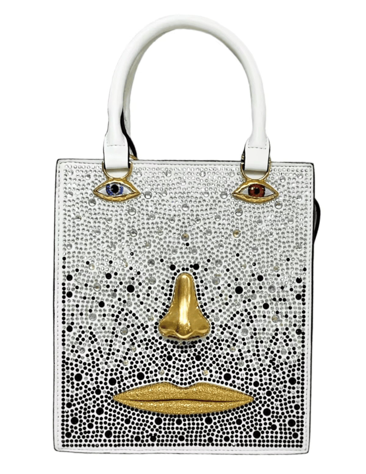 MAISON VERROU Celeste white leather handbag with rhinestones and gold-tone surrealist face details.