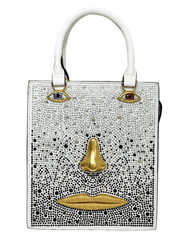 MAISON VERROU Celeste white leather handbag with rhinestones and gold-tone surrealist face details.
