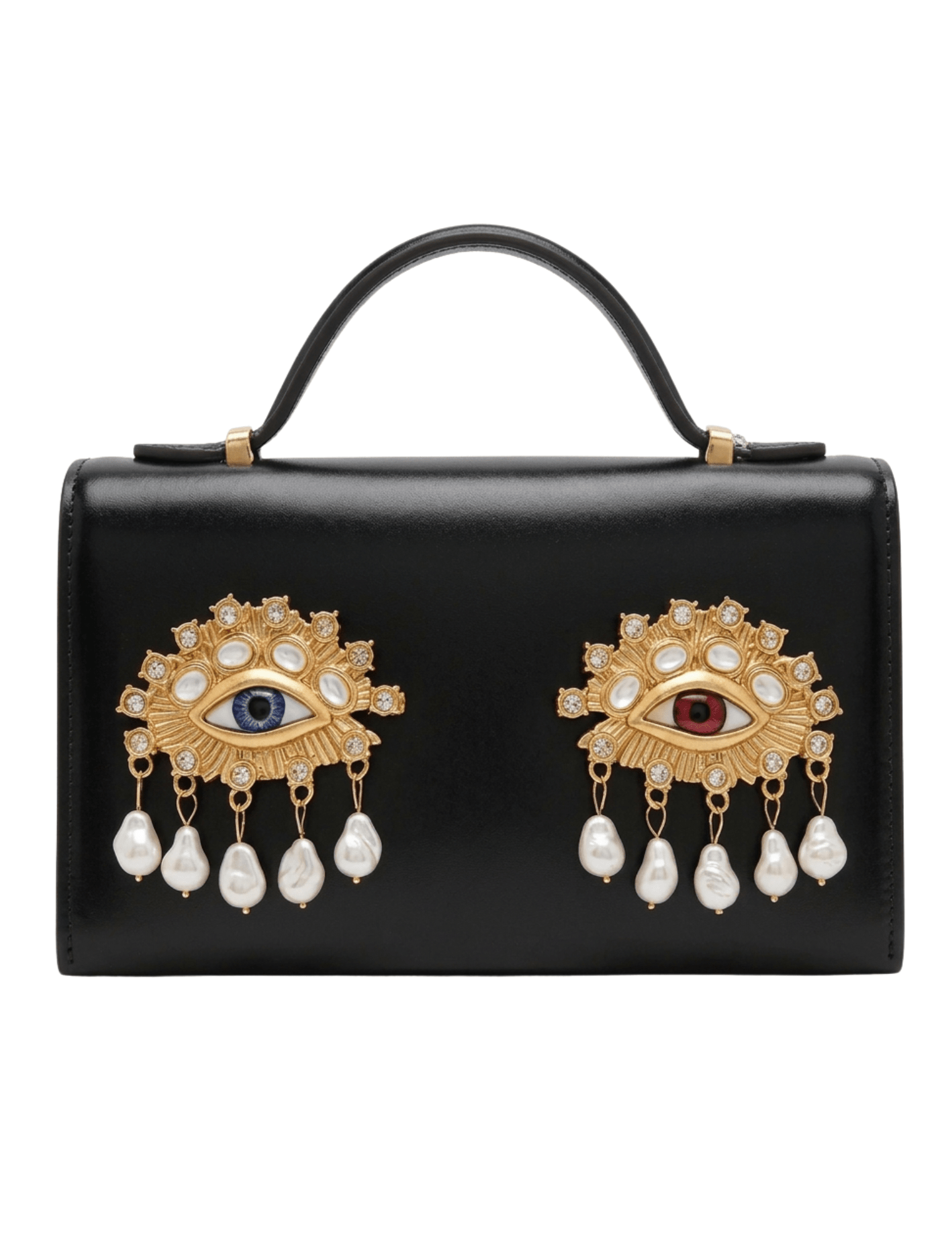 Maison Verrou Imogen Eyes Clutch in black leather with gold-tone jeweled eye and pearl embellishments.