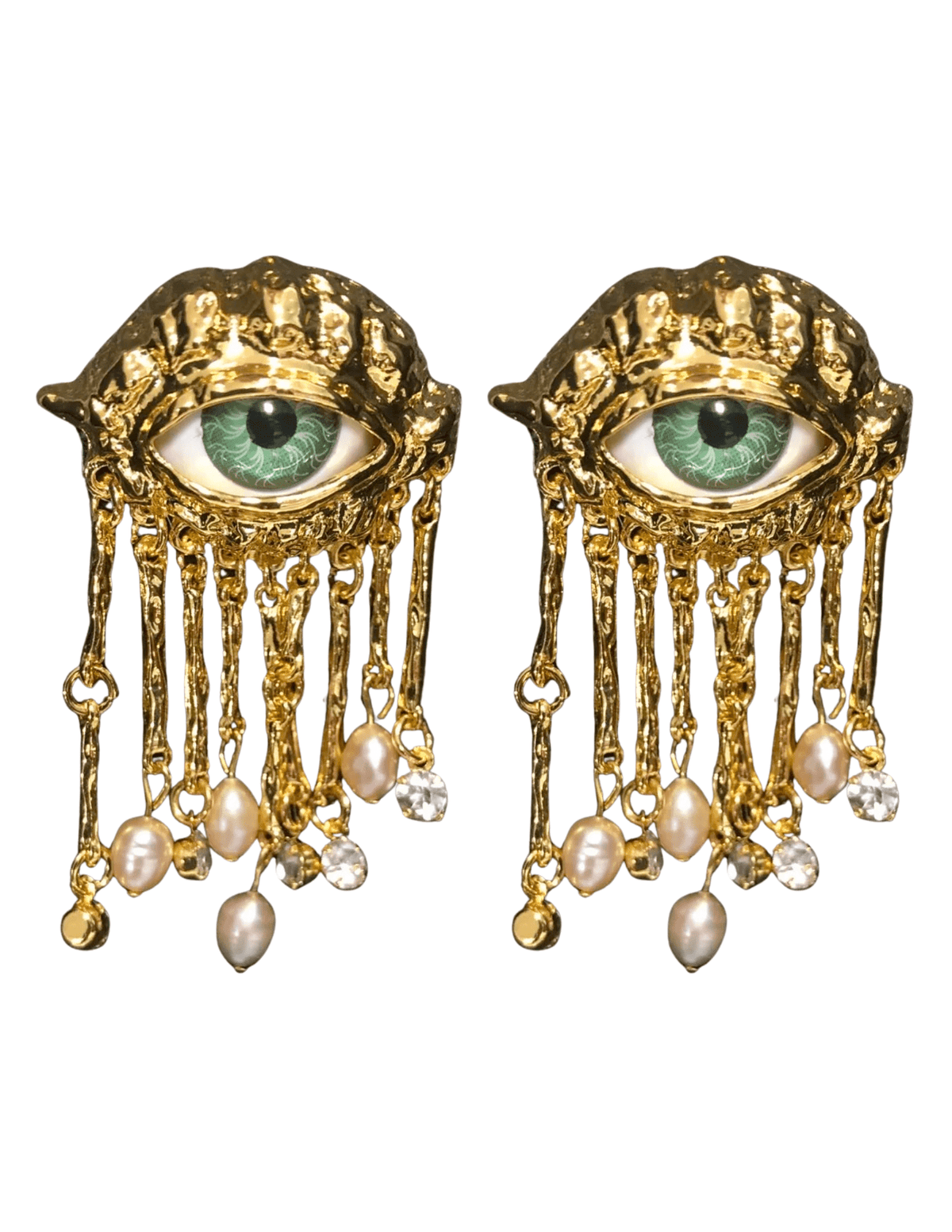 Maison Verrou Kellan eye earrings gold green pearl fringe