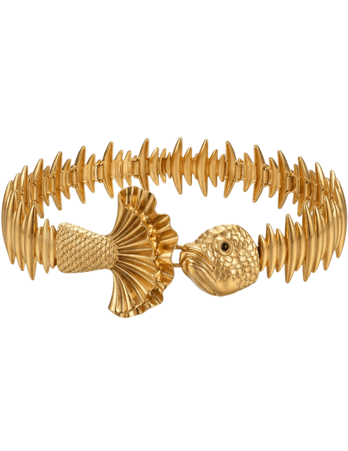 MAISON VERROU Le Poisson Stretch Belt in Gold featuring an elastic fishbone-inspired band with a sculptural fish head and tail buckle