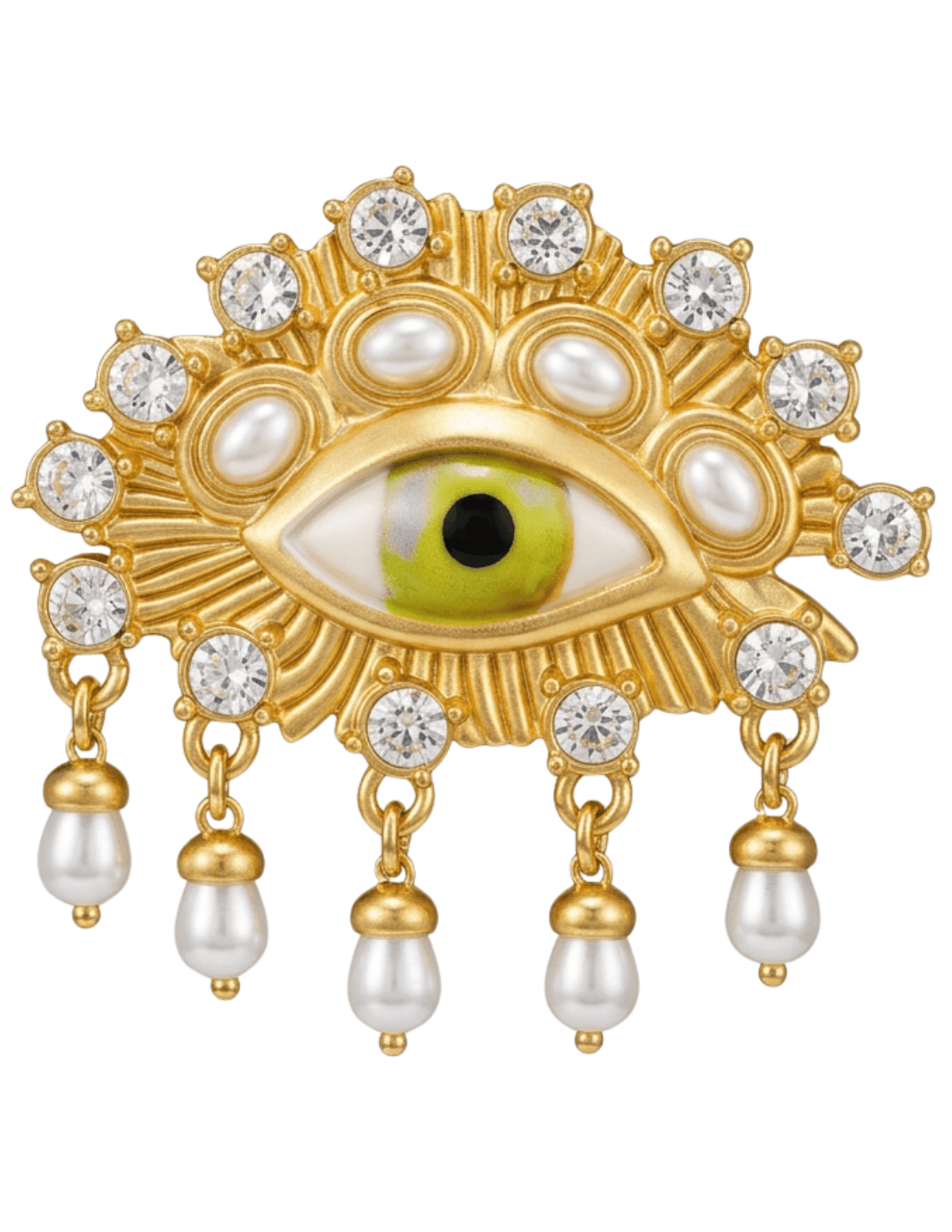 Maison Verrou Maura Surrealist Brooch in Gold with green eye motif, rhinestones, and dangling faux pearl accents