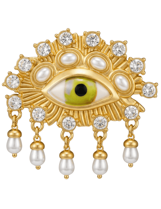 Maison Verrou Maura Surrealist Brooch in Gold with green eye motif, rhinestones, and dangling faux pearl accents