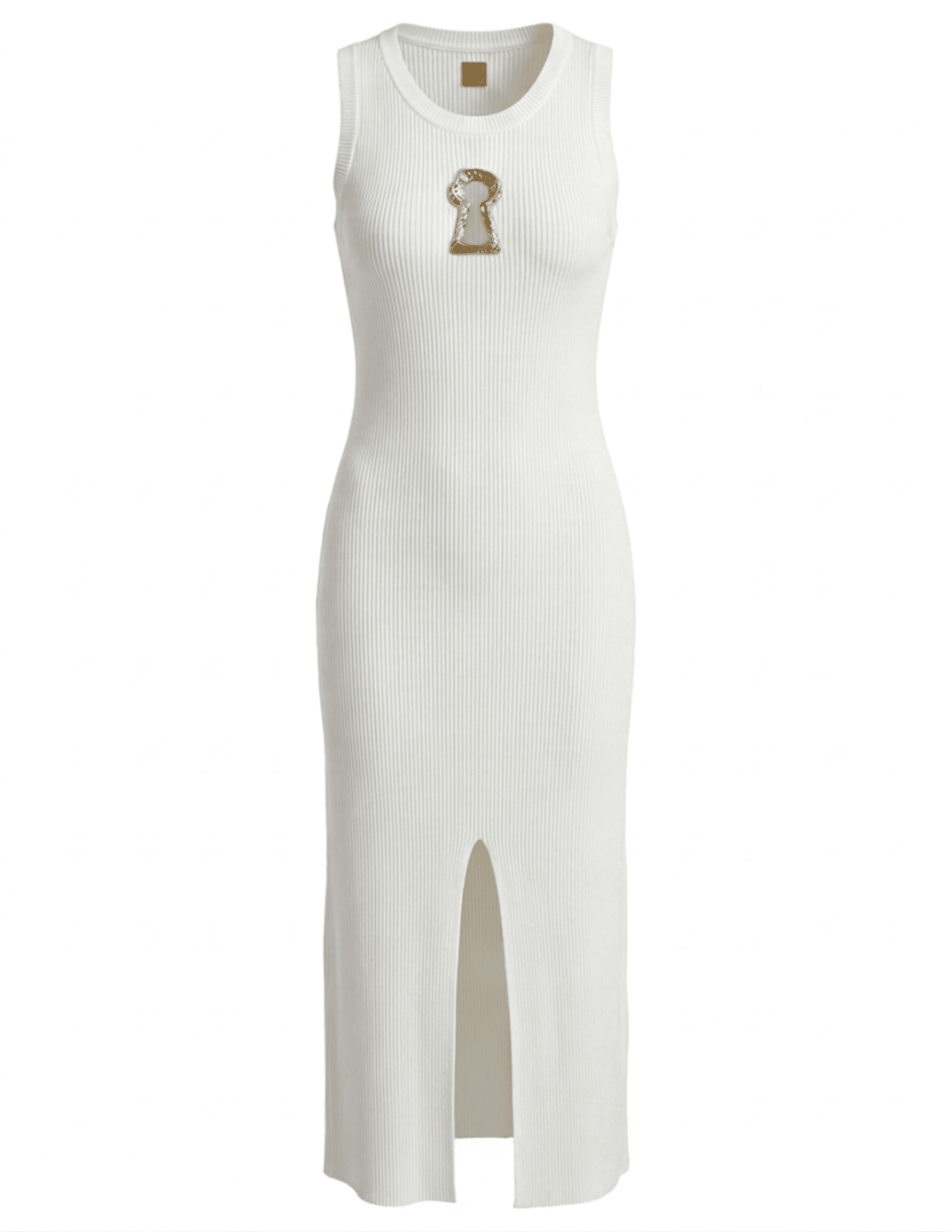 MAISON VERROU Yazmin white ribbed knit midi dress with gold keyhole detail