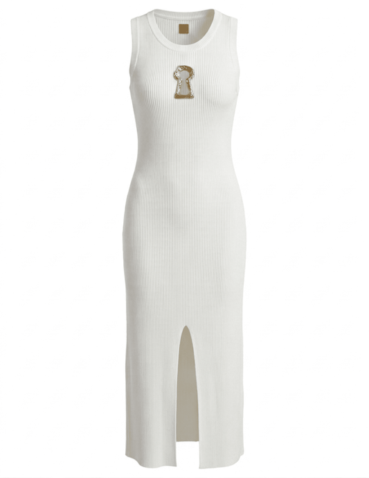 MAISON VERROU Yazmin white ribbed knit midi dress with gold keyhole detail