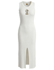 MAISON VERROU Yazmin white ribbed knit midi dress with gold keyhole detail