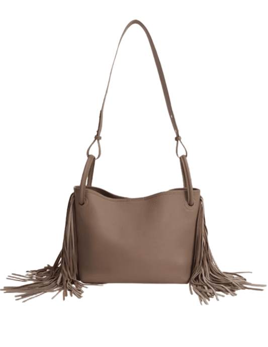 Austin Blaze taupe leather crossbody bucket bag