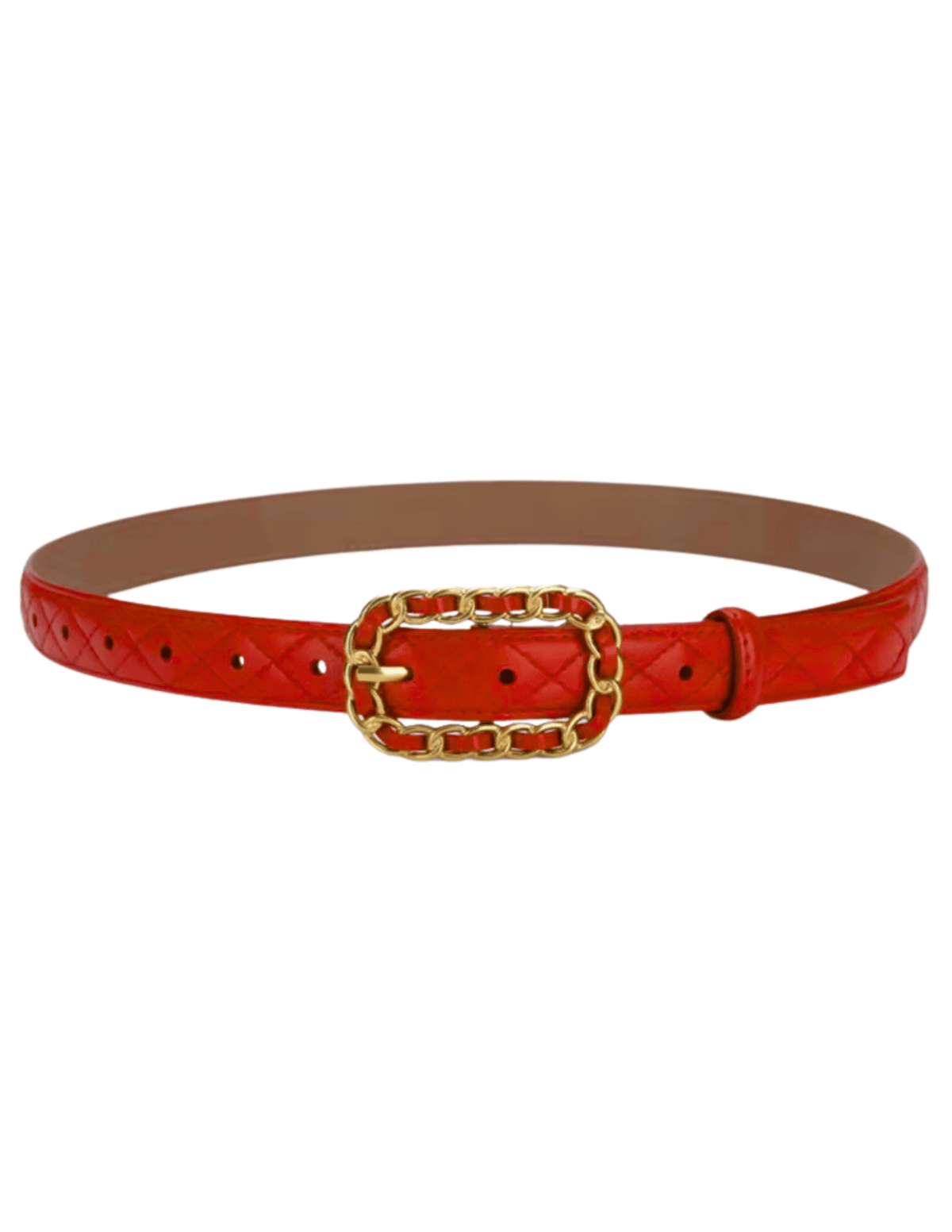 Luxury red quilted belt with gold hardware perfect for dresses, blazers, or denim