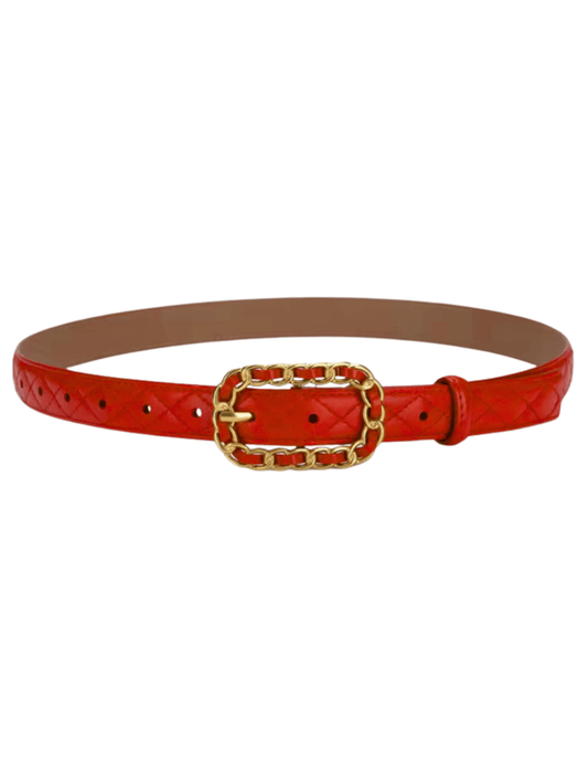 Luxury red quilted belt with gold hardware perfect for dresses, blazers, or denim