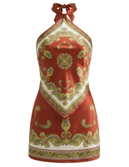 Retrofête Adelaide Silk Mini Dress in Rust Paisley featuring a halter neckline, open-back detail, luxurious silk blend, and vibrant paisley print mini silhouette.