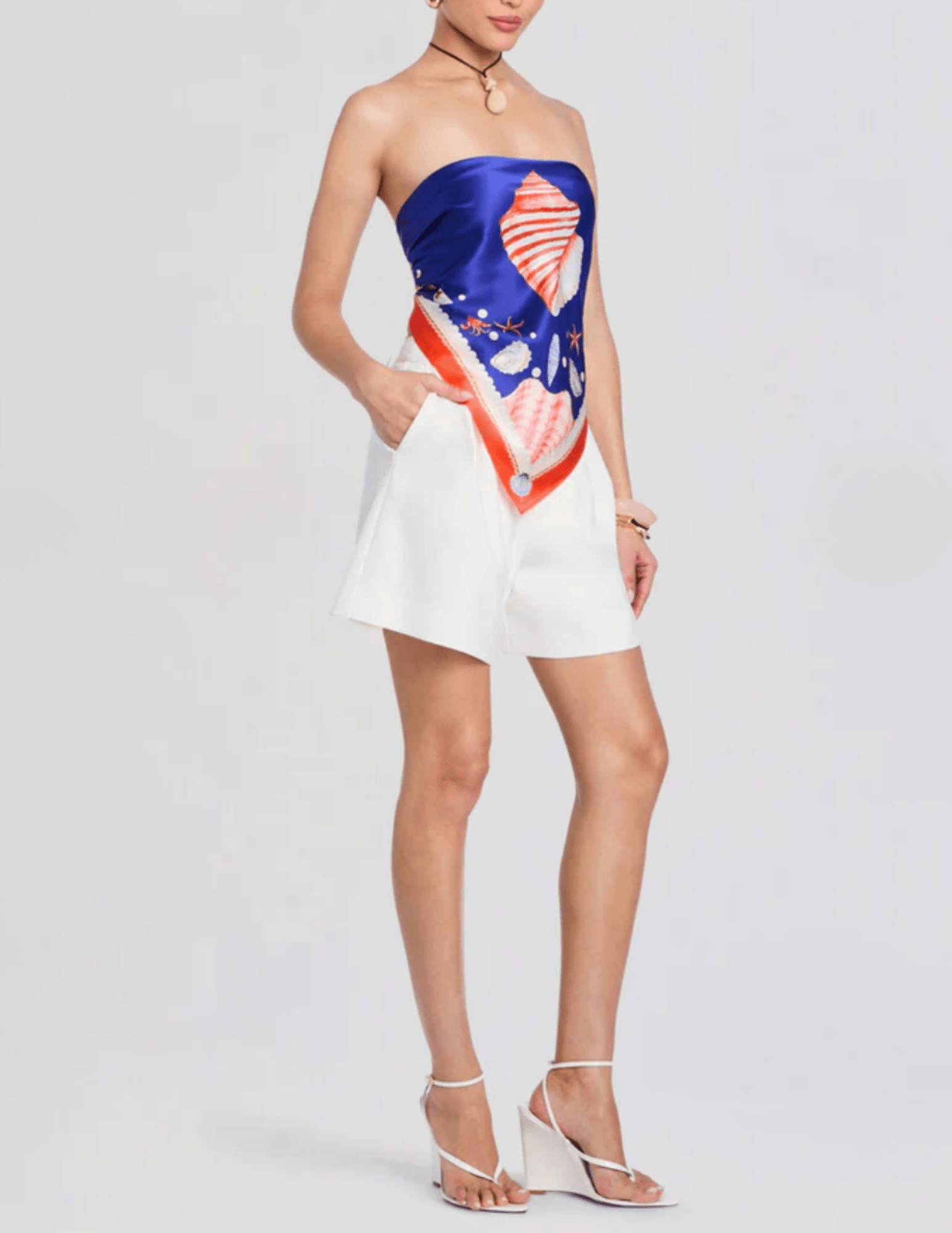 Retrofête Alivia Silk Scarf Top in Santorini Marineside view