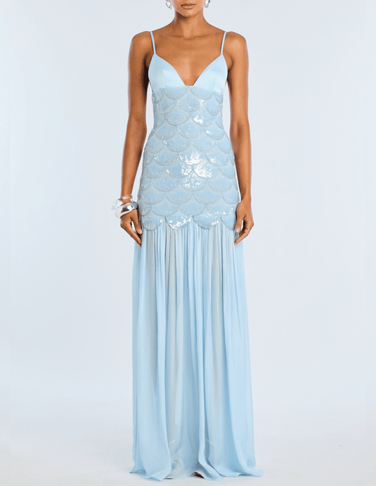 Retrofête Eileyn embroidered maxi dress in light blue front view