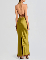 Retrofête Everly Lace Trim Gown in Basil & Cigar back view