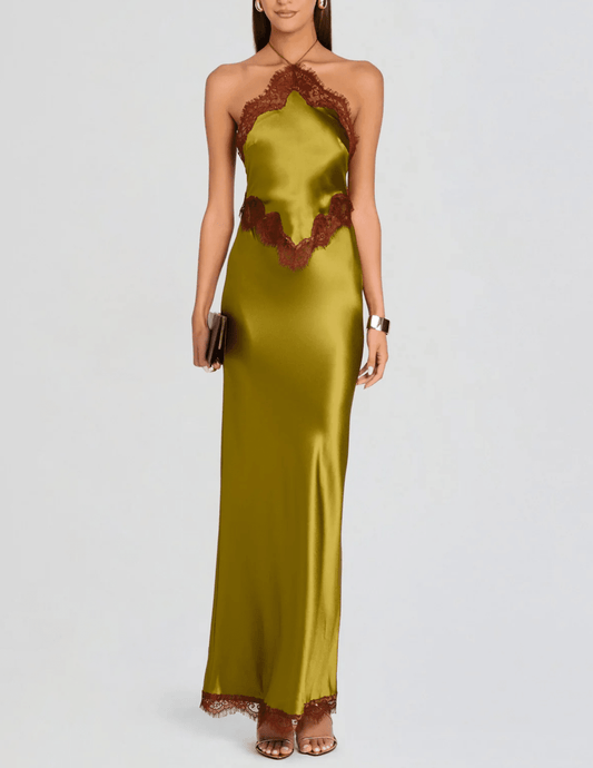 Front view of Retrofête Everly Lace Trim Gown in Basil & Cigar