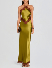 Front view of Retrofête Everly Lace Trim Gown in Basil & Cigar