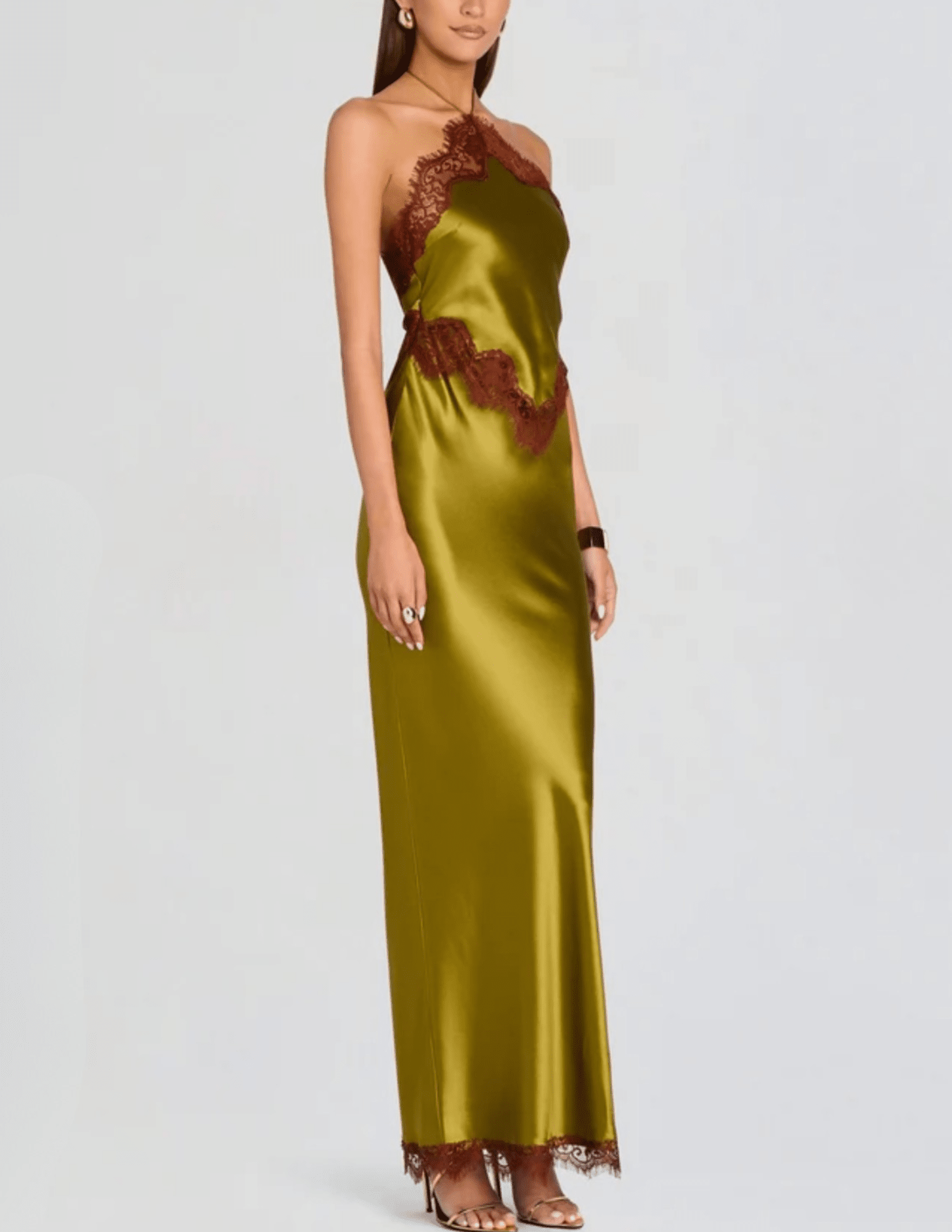 Side view of Retrofête Everly Lace Trim Gown in Basil & Cigar