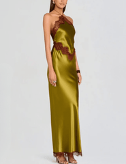 Side view of Retrofête Everly Lace Trim Gown in Basil & Cigar