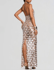 Retrofête Genovia embroidered maxi dress nude champagne back view