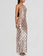 Retrofête Genovia embroidered maxi dress nude champagne side view