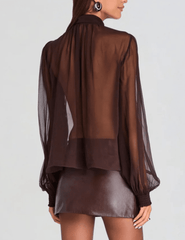 Back view of Retrofête Hasli Silk Chiffon Blouse in Mahogany