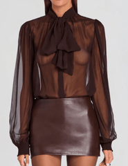 Front view of Retrofête Hasli Silk Chiffon Blouse in Mahogany