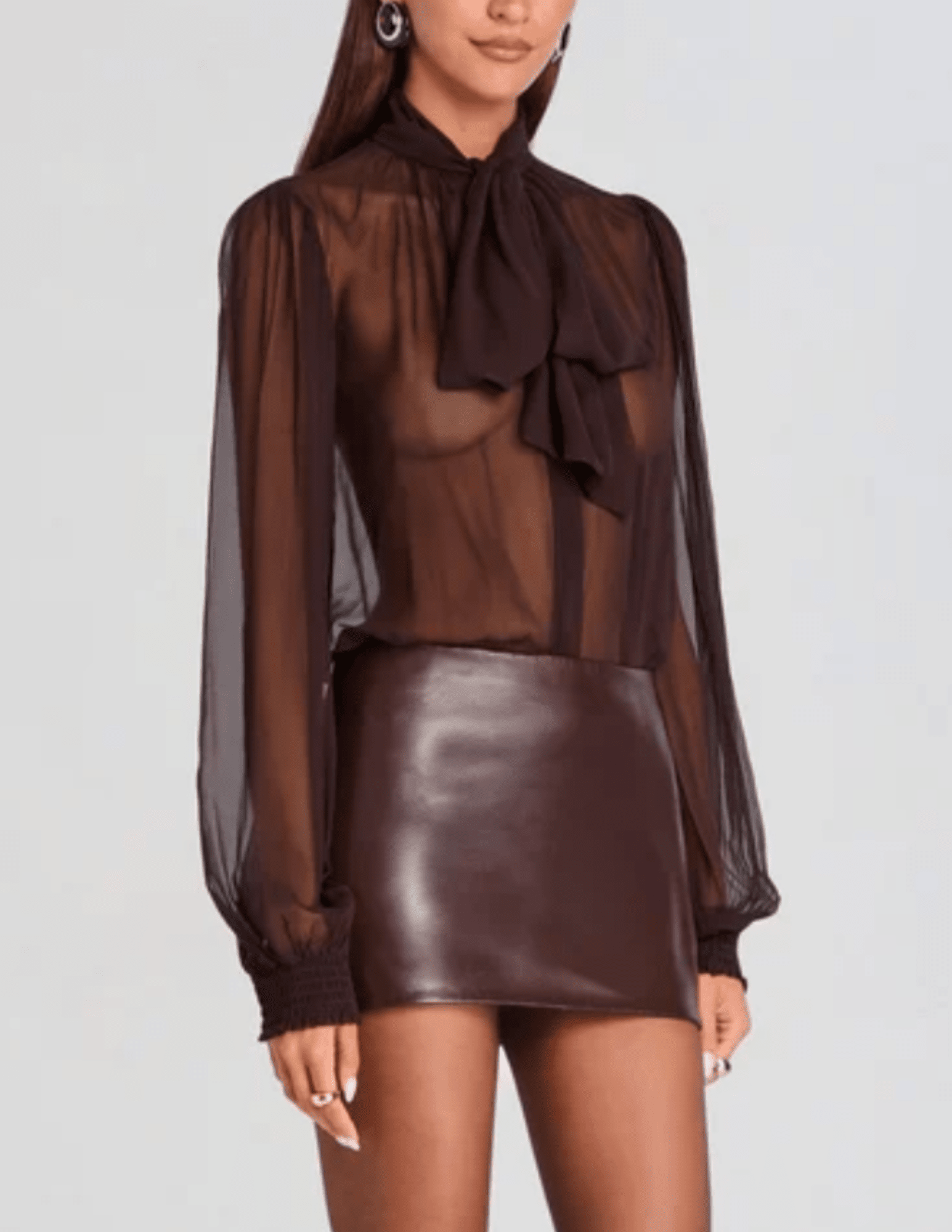 Side view of Retrofête Hasli Silk Chiffon Blouse in Mahogany