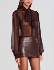 Side view of Retrofête Hasli Silk Chiffon Blouse in Mahogany
