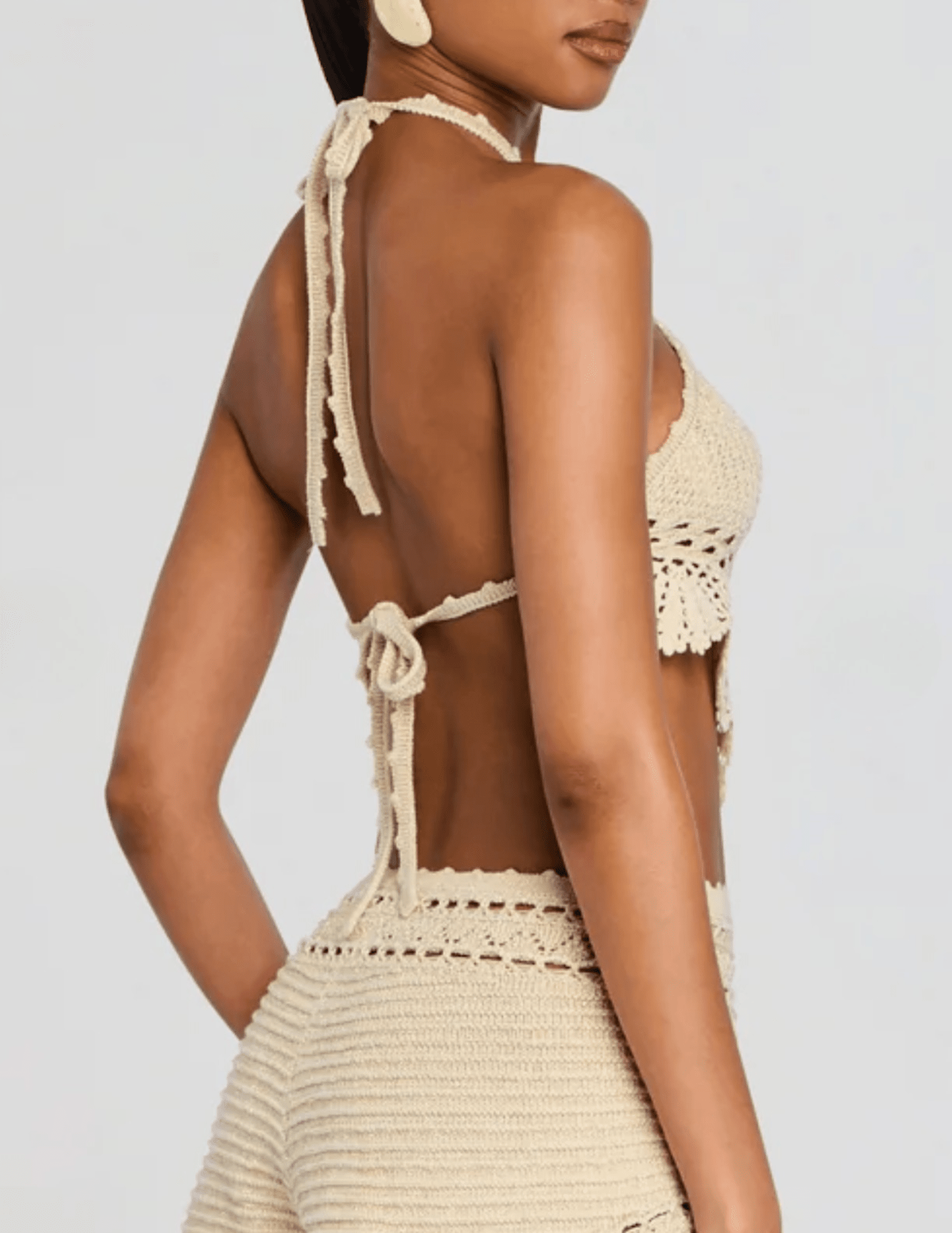 Retrofête Isaure metallic crochet halter top ivory back view