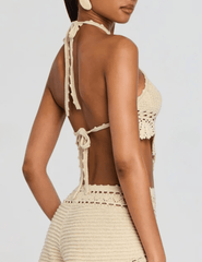 Retrofête Isaure metallic crochet halter top ivory back view