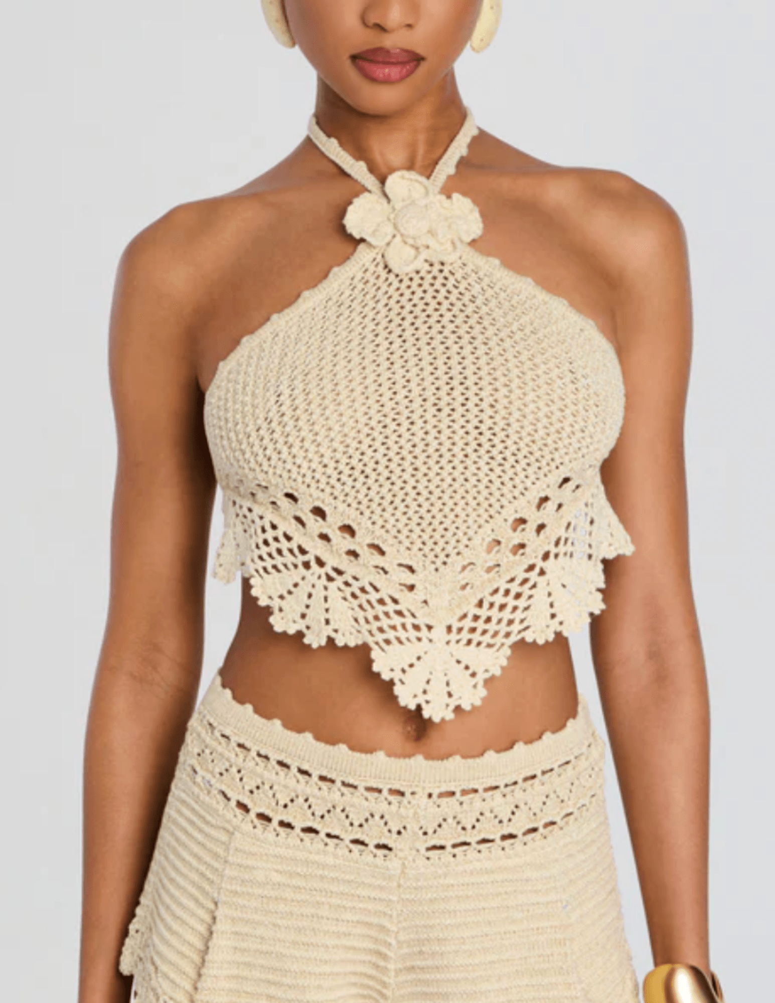 Retrofête Isaure metallic crochet halter top ivory front view