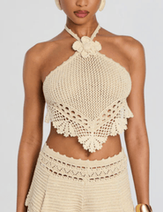 Retrofête Isaure metallic crochet halter top ivory front view