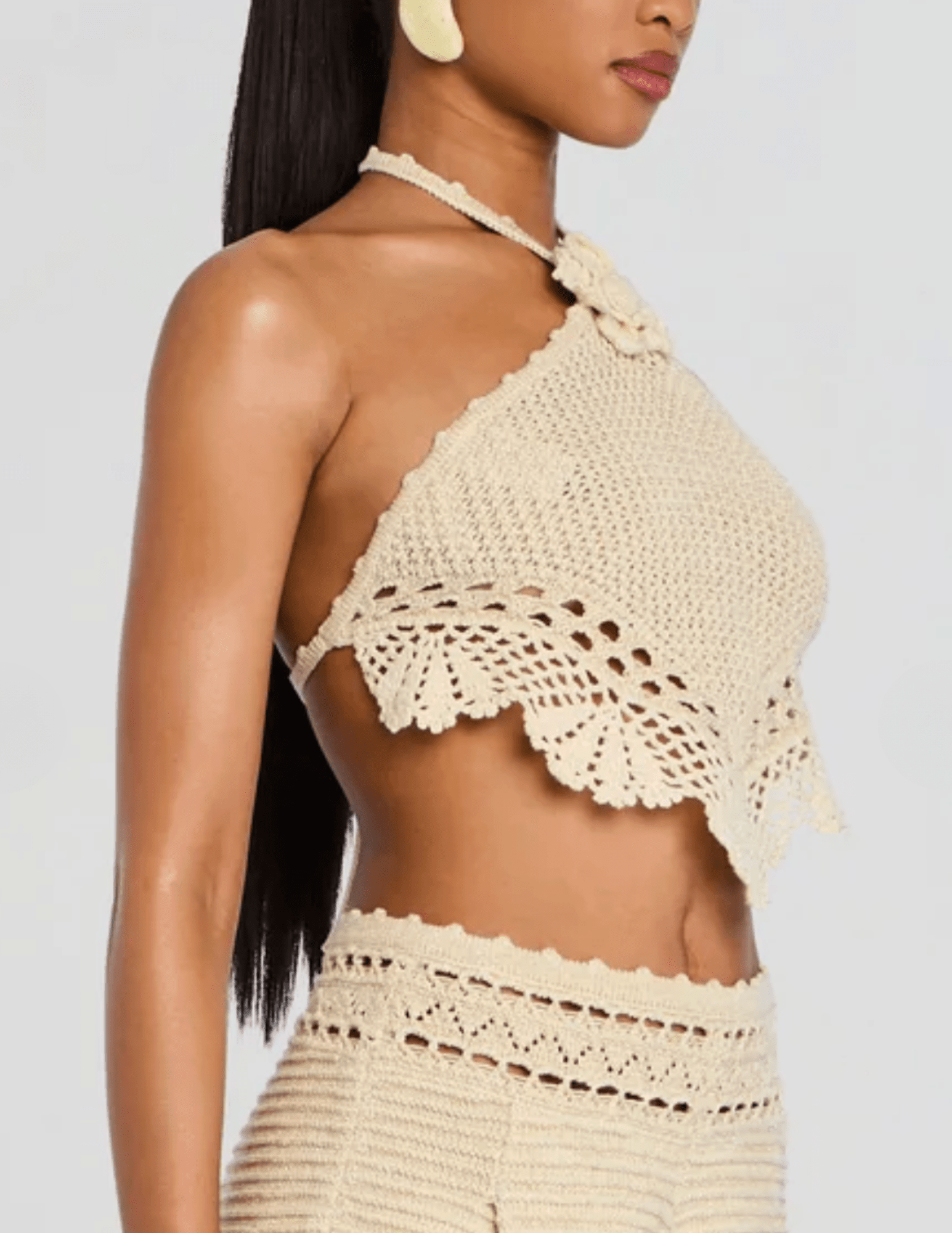 Retrofête Isaure metallic crochet halter top ivory side view