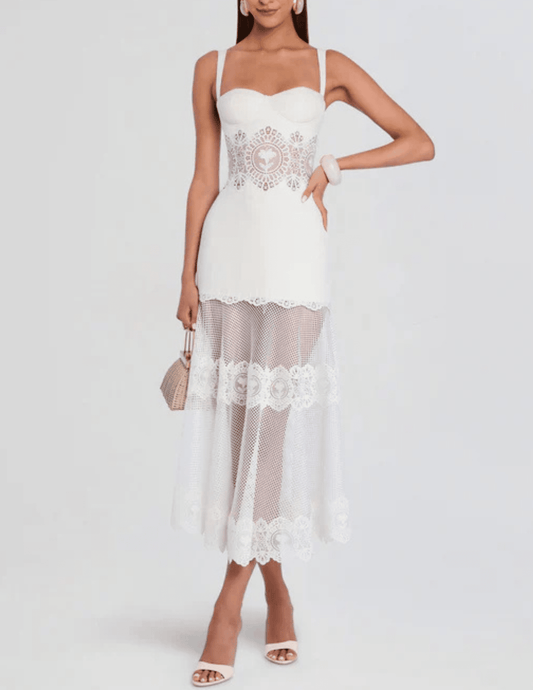 Retrofête Olenna ivory midi dress with lace details front view