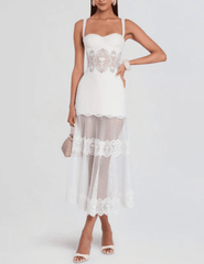 Retrofête Olenna ivory midi dress with lace details front view