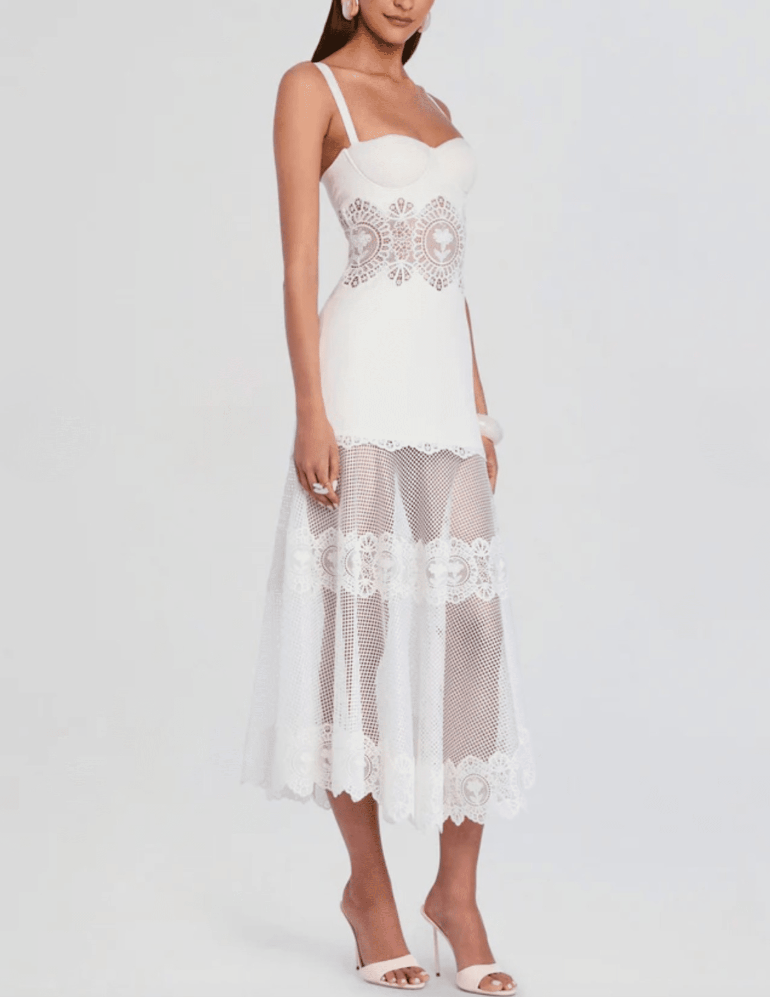 Retrofête Olenna ivory midi dress with lace details side view