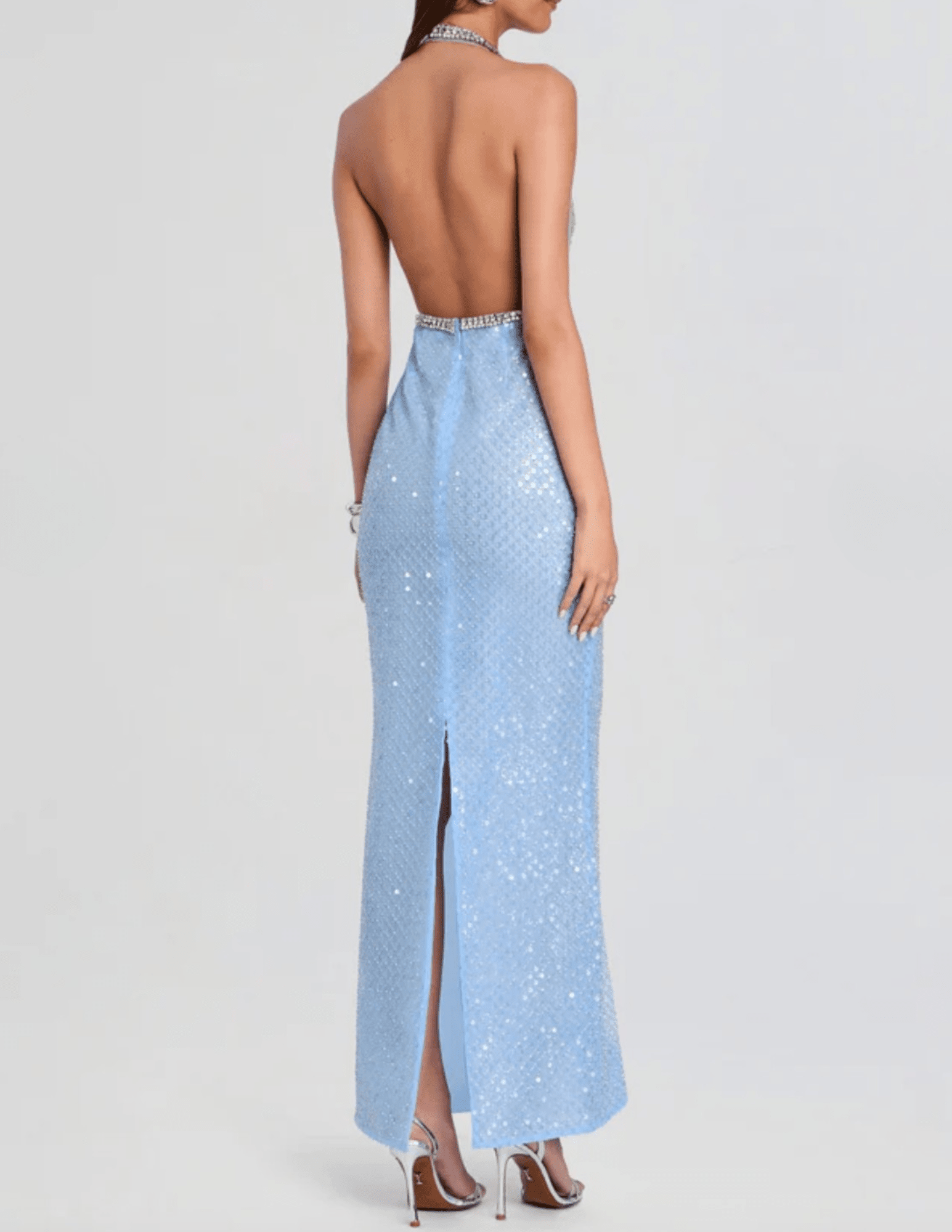 Retrofête Pixi halter maxi dress in pistachio and blue back view
