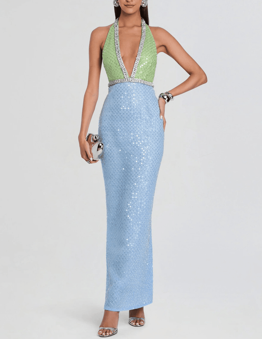Retrofête Pixi halter maxi dress in pistachio and blue front view