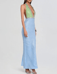 Retrofête Pixi halter maxi dress in pistachio and blue side view
