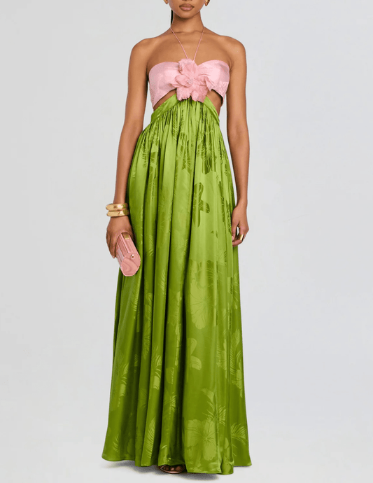 Retrofête Prudy maxi dress kiwi green and pink front view