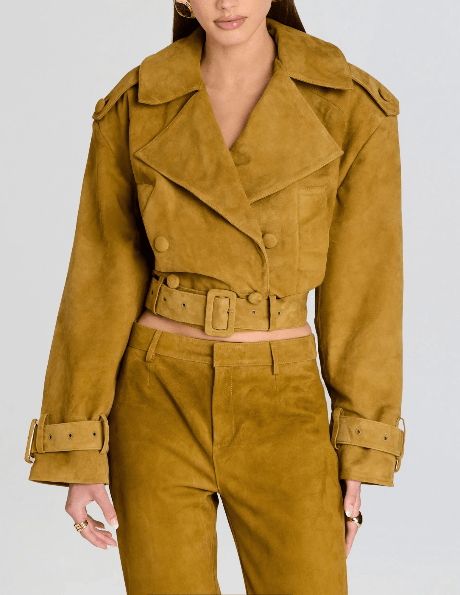 Retrofête Rubee Cropped Suede Trench Coat in Ochre